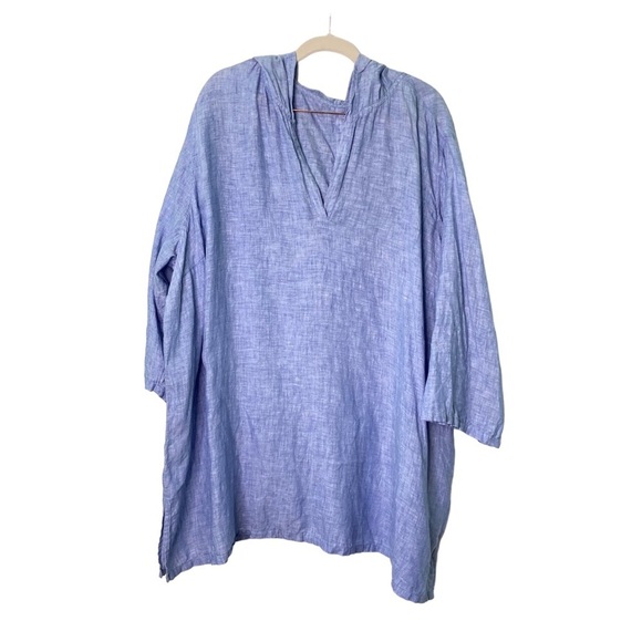 Tahari 100% Linen V-Neck Hooded 3/4 Sleeve Button Back Tunic Top Blue (Size 3X) - Picture 2 of 13